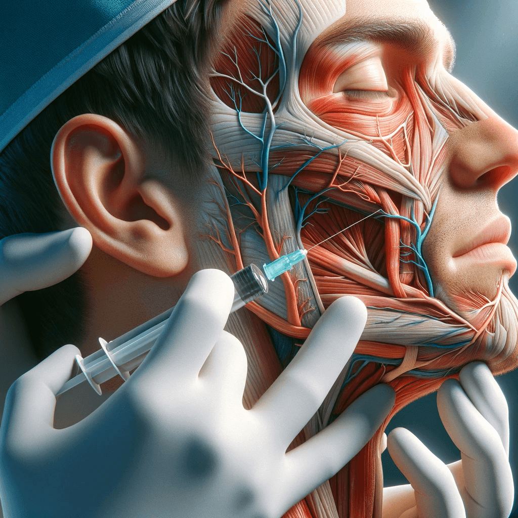Hand of a doctor injecting a nerve block in the trigeminal nerve of a young man