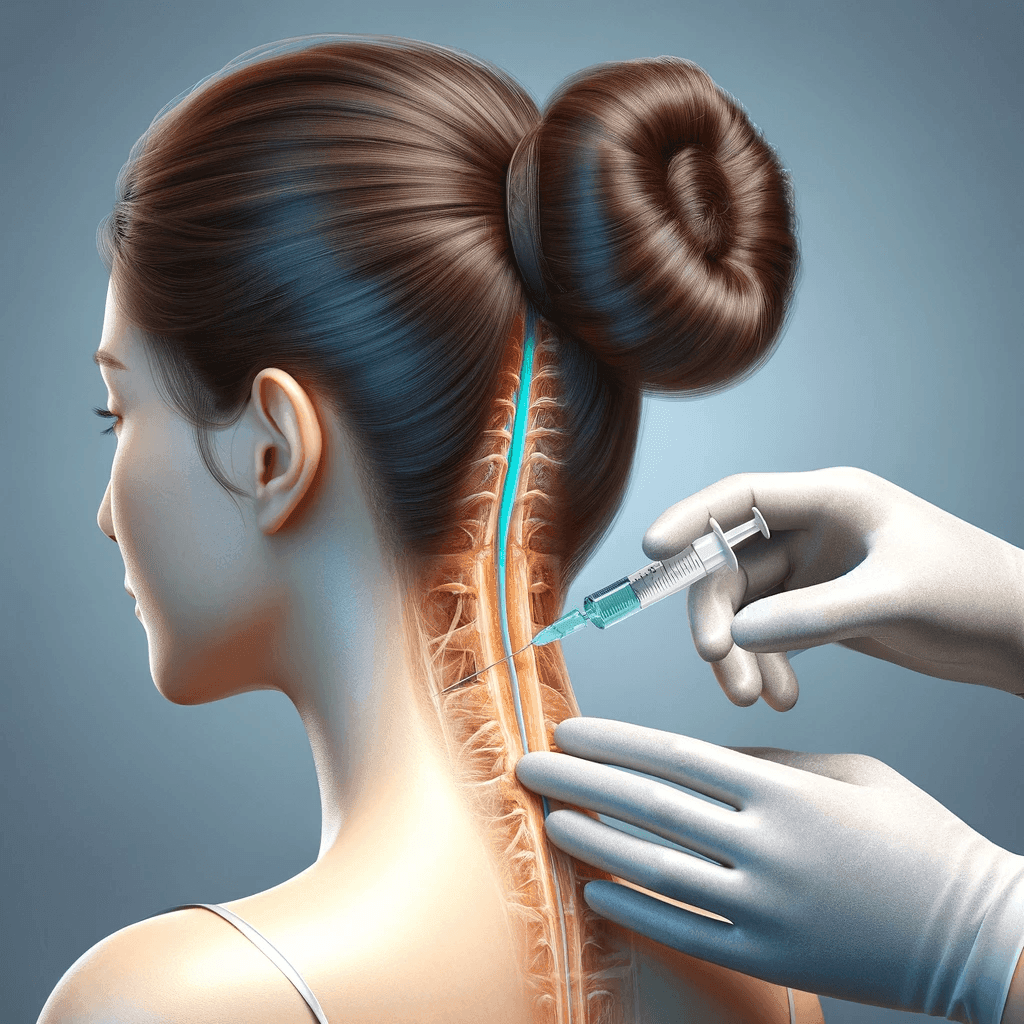 Hand of a doctor injecting an occipital nerve block behind the head of a young woman