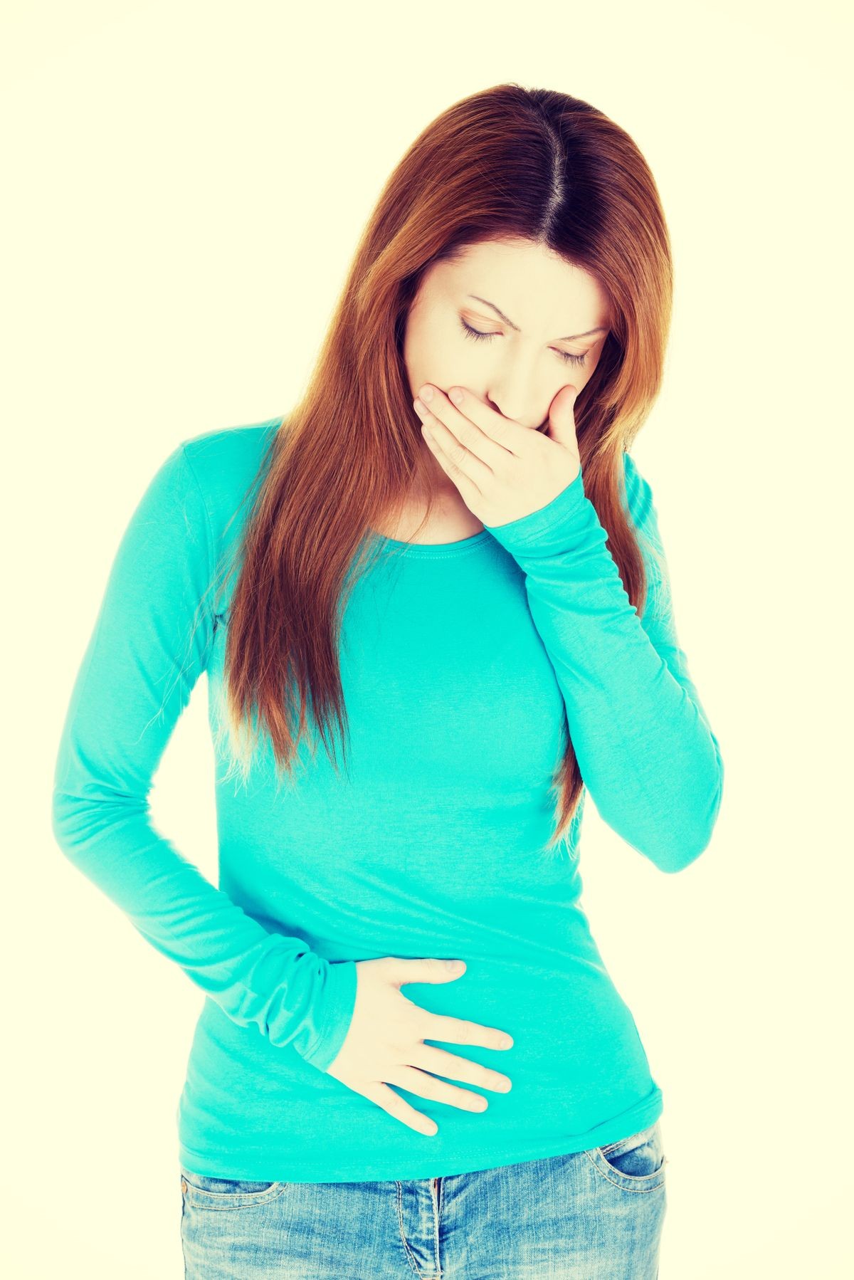 Woman with strong pain of stomach and nausea.