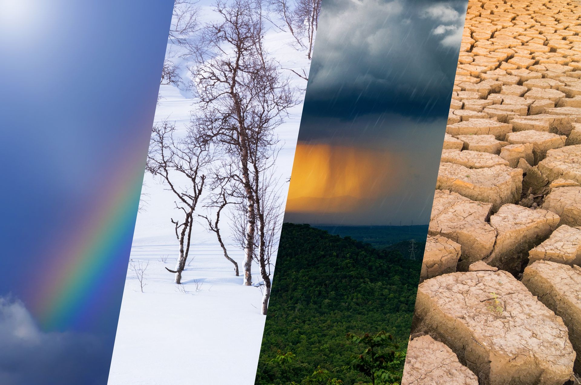Weather Background - Various weather, bright sun and snow, dark sky, storm and drought.