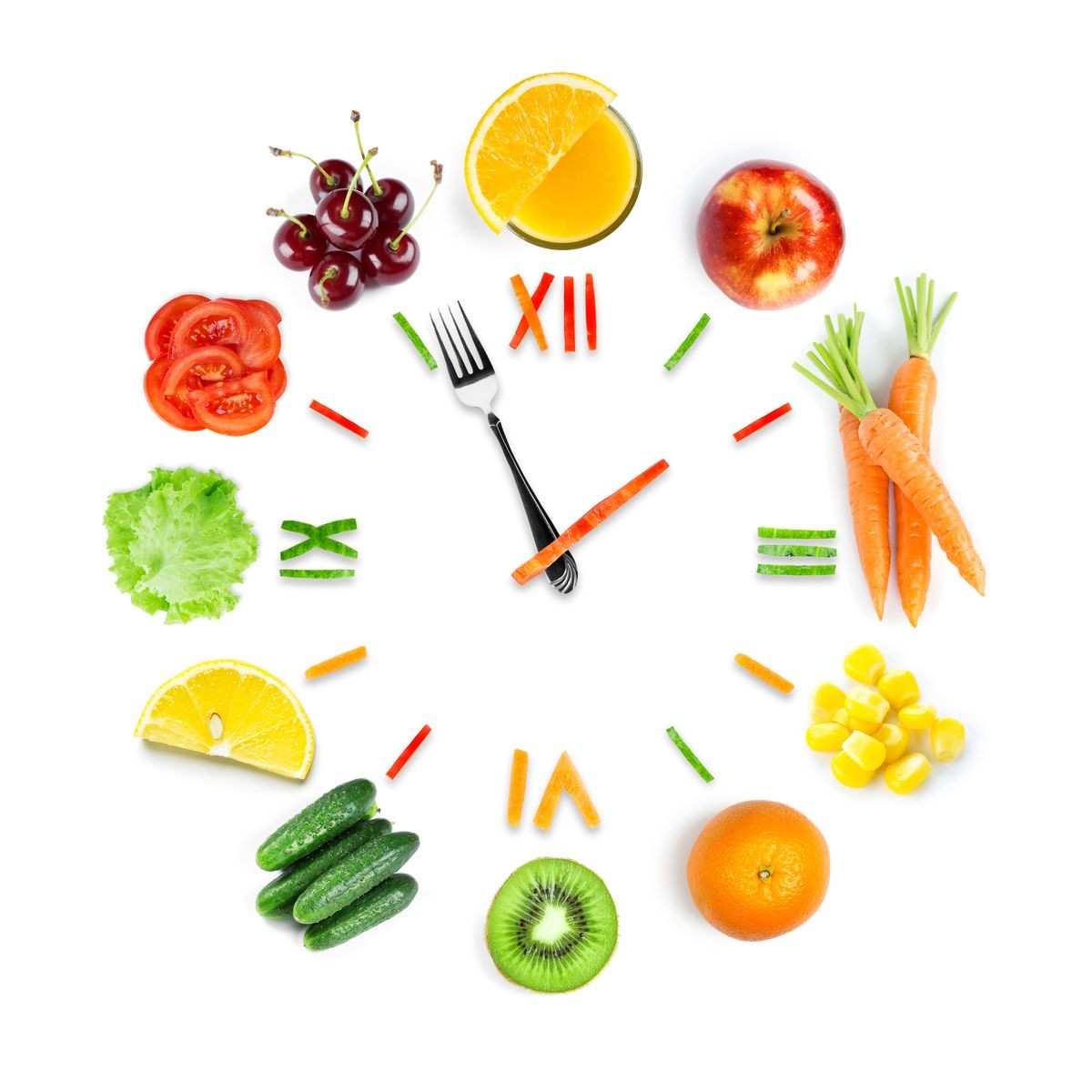 Food clock with fresh fruits and vegetables. Healthy food