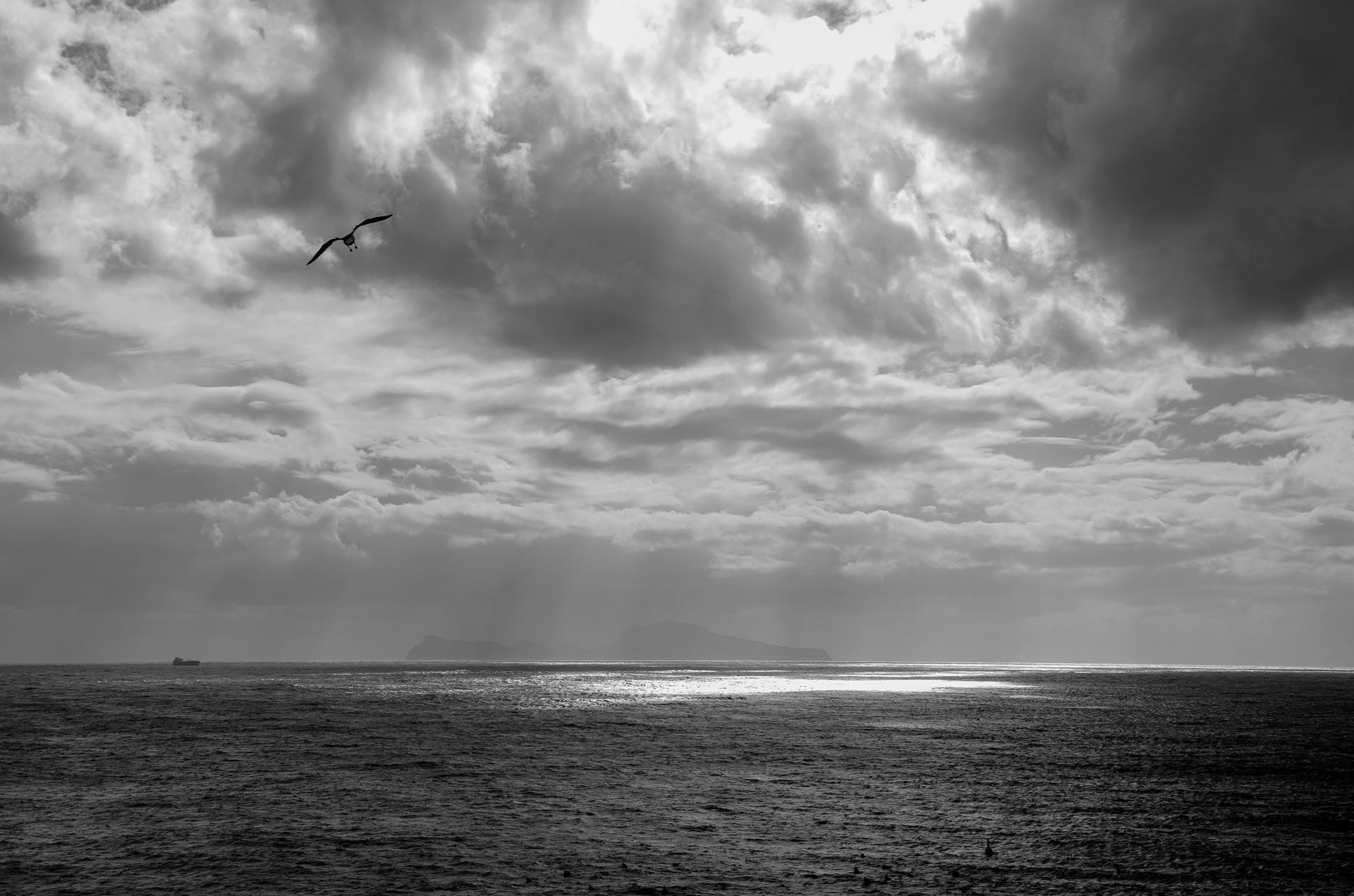 Overcast sky over the sea. Black and white photography. Dark moody concept